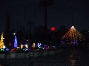 黄色・青色の木の形や、金色の山形をしたイルミネーションが輝く公園の様子の写真