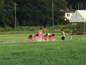 緑囲まれた公園の荒川で水遊びをしている様子の写真