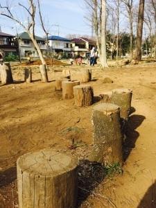 低い丸太の木が飛び飛びで置かれている遊具の写真