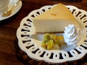 チーズケーキにホイップとカットフルーツが添えられている写真