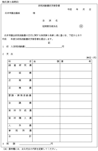 (表組)政務活動費収支報告書