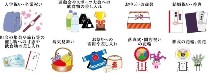禁止される寄附の例、入学祝い、卒業祝い、運動会やスポーツ大会への飲食物の差し入れ、お中元、お歳暮、結婚祝い、香典、町会の集会や旅行等の催し物への寸志や飲食物の差し入れ、病気見舞い、お祭りへの寄附や差し入れ、落成式や開店祝いの花輪、葬式の花輪や供花