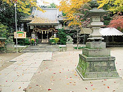 森に囲まれた境内へと続く参道と狛犬・石灯篭がある高尾氷川神社の写真