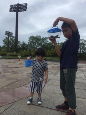 カブトムシの入ったかごを覗き込んでいる2人の男の子の写真