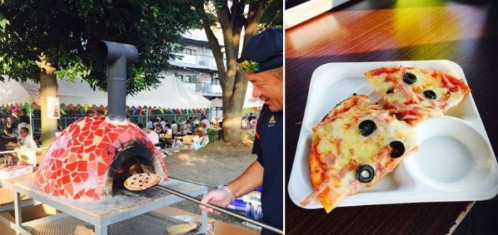 男性が窯にピザを入れるところと出来上がったピザの写真