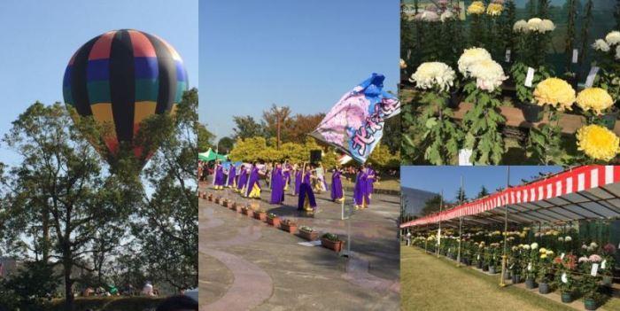 左から、色鮮やかな熱気球の写真、よさこい踊りの団体の写真、白と黄色の菊の花、赤白の紅白テントの下に設置されたたくさんの菊の花の写真