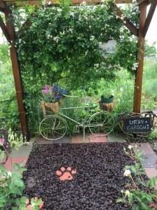 犬の足跡のある花壇とかごにお花の入っている自転車と緑の植物が生い茂っているオブジェがある庭の写真