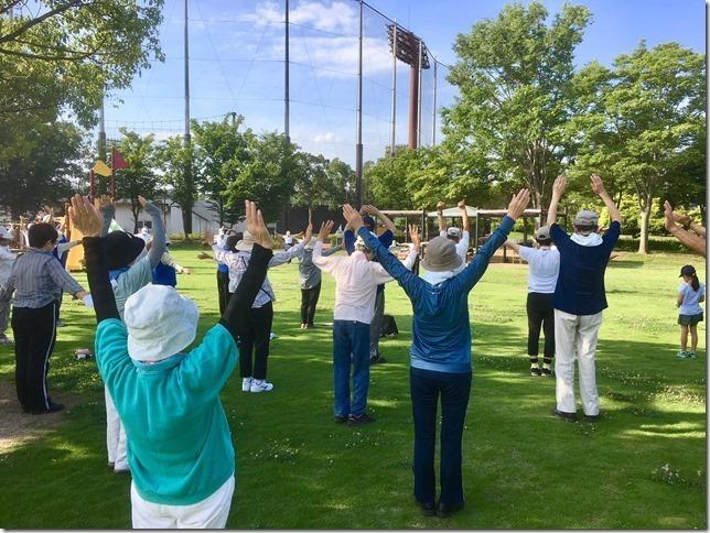 公園の芝生の上で参加者達が両手を上げラジオ体操をしている写真