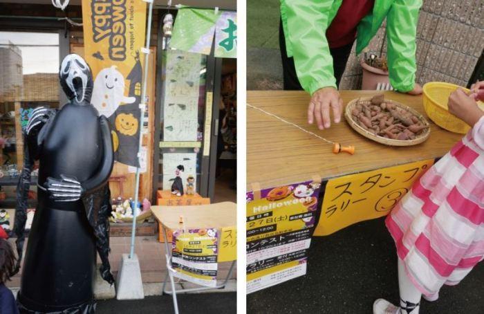 お店の前に置かれた黒い服を着たお化けの風船と、スタンプラリーの机にいる女の子とスタッフの写真