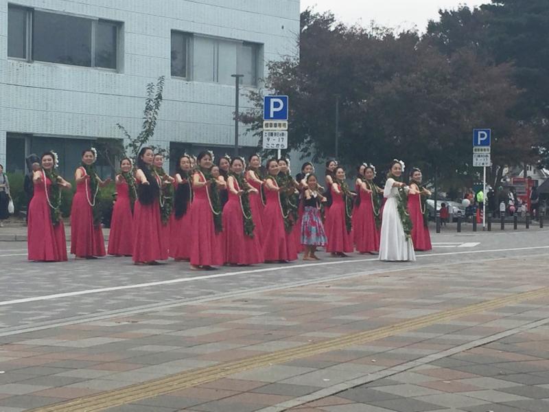 ピンクのドレスを着た女性たちがフラダンスを踊っている写真