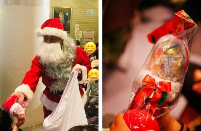 （左）サンタの衣装を着た男性の写真、（右）赤いブーツにお菓子が入ったプレゼントの写真