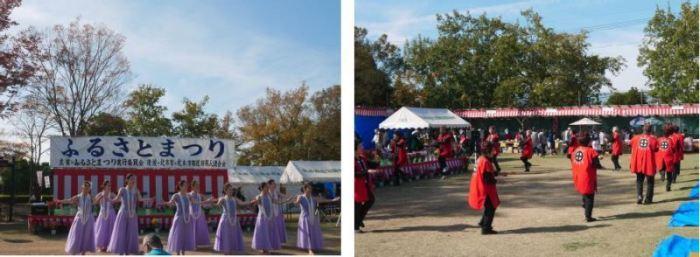 （左）フラダンスを踊っている女性たちの写真、（右）赤い法被を着た女性達が踊っている写真