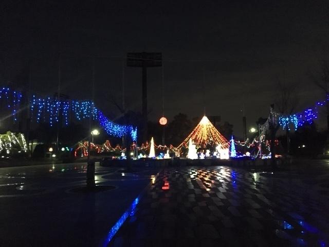 黄色や青や白や赤など色鮮やかに輝いているイルミネーションの公園内の全体写真