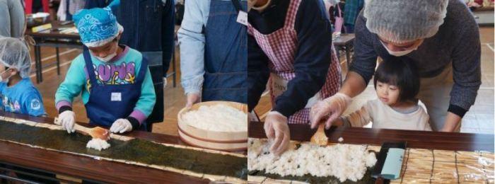 （左）長机の上に乗っている長のりの上にしゃもじで酢飯をのせている子供の写真（右）男性と一緒にしゃもじで酢飯をのせている女の子の写真