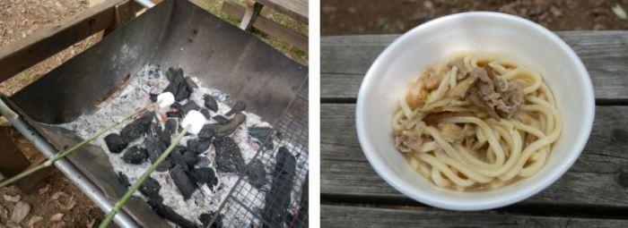 左：串に刺したマショマロを焼いている写真、右：カップにうどんが入っている写真