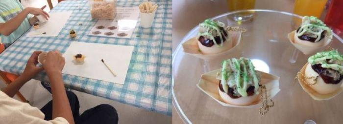 子供たちがテーブルの上でたこ焼きの食品サンプルを作っている様子と出来上がった舟の上に1個ずつ置かれたたこ焼きの食品サンプルの写真