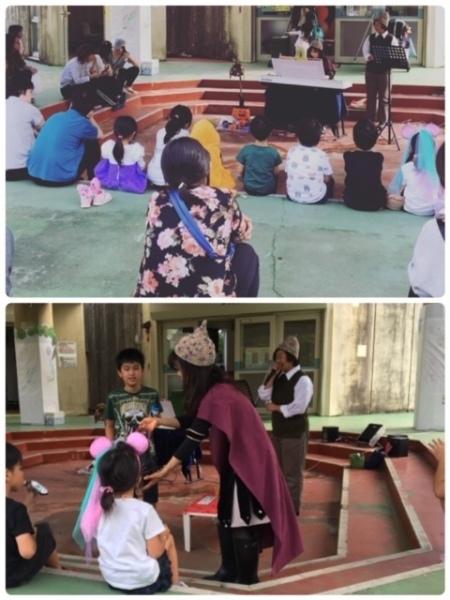 上部に女性がお客さんの前でピアノを演奏している写真。下部に女性が3人の子供たちに話しかけている写真。