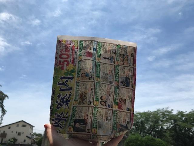 チラシを折り曲げて袋を作ったエコバッグを左手で空高く掲げている様子の写真