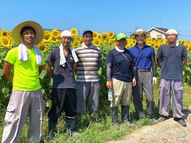 農業青年会議所の6名の方が、大きく育ったひまわりをバックに記念写真