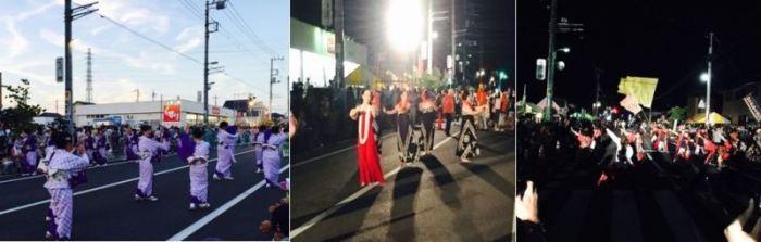 （左）紫の着物を着た女性たちが踊る写真（真ん中）フラダンスをする女性達の写真（右）赤と黒の衣装を着て踊っている方々の写真