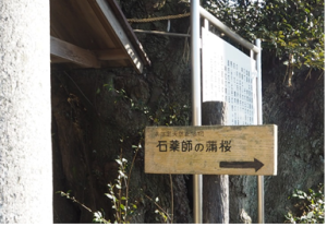 母屋の近くにある白い看板と木製の茶色の看板の写真