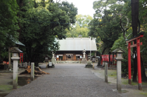 大きな木が囲む参道の奥に佇む神社の写真