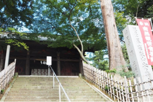 赤い旗と石標柱・木が植えられた階段と神社の写真