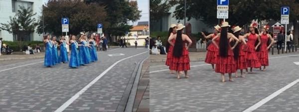 青いドレスと赤いドレスでフラを踊るフラ・キエレの皆さんの写真