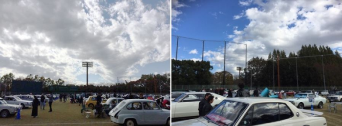 色々な色や形の車が並んでいるクラシックカーフェスティバル会場内の2枚の写真