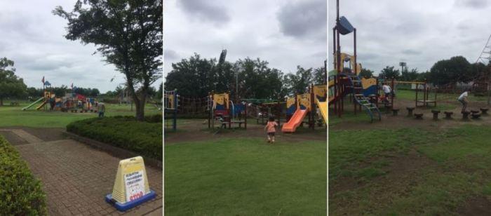 遊具で遊ぶ子供たちがいる公園の様子を違う角度から撮影した3つの写真