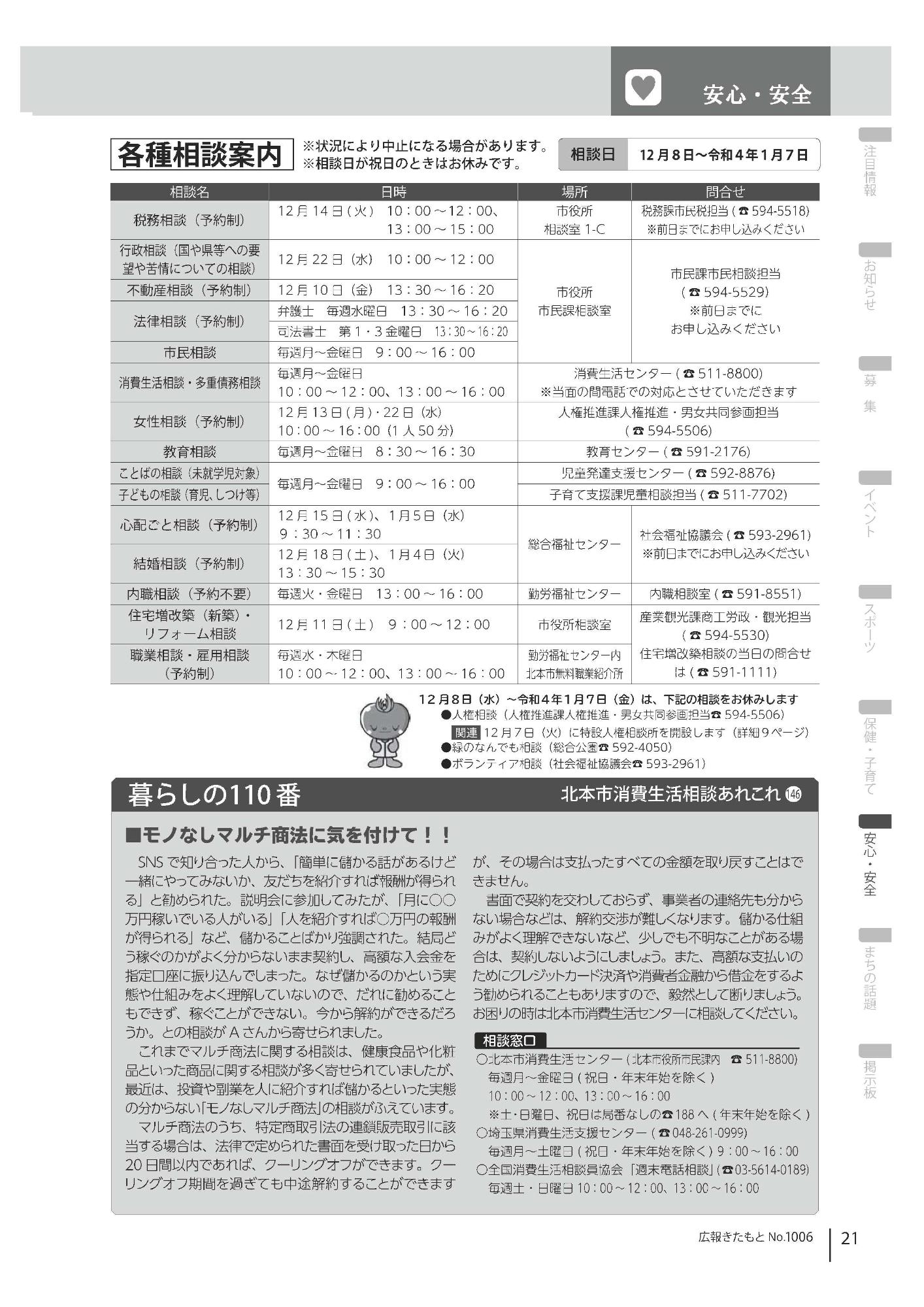 広報きたもと令和3年12月号各種相談案内