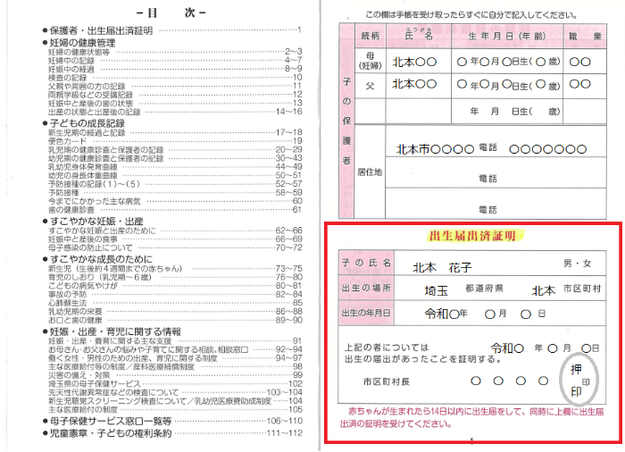 出生証明書のページ