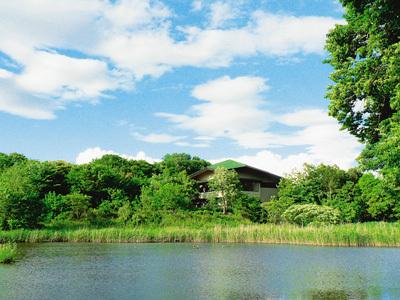 手前に池が広がりその奥に緑の木々に囲まれている北本自然観察公園・埼玉県自然学習センターの外観写真