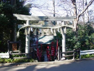 道沿いに鳥居があり階段を下りていくと奥に厳島神社がある写真