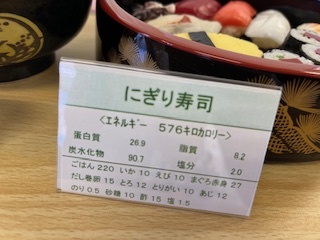 にぎり寿司のエネルギ、栄養素などが書かれたカード