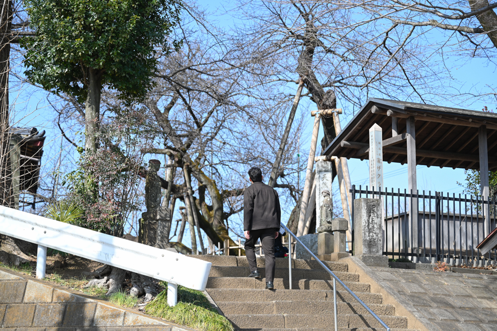 東光寺の階段を上る迫田さんの写真